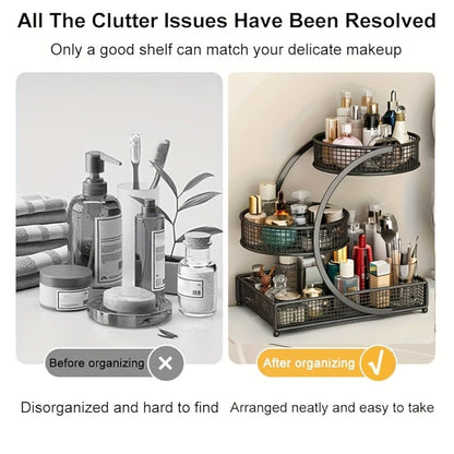 Mesh Countertop Bathroom Organizer with Two- or Three-Tier Basket Styles and Curved Open Frame