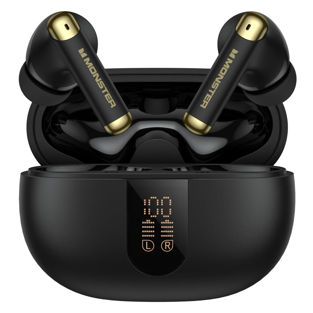 Monster Wireless Earbuds Stereo Sport Earphones Noise Canceling Condenser Mic LED Display Built-in Microphone Clear Calls Bluetooth for Sports Gym Running Black