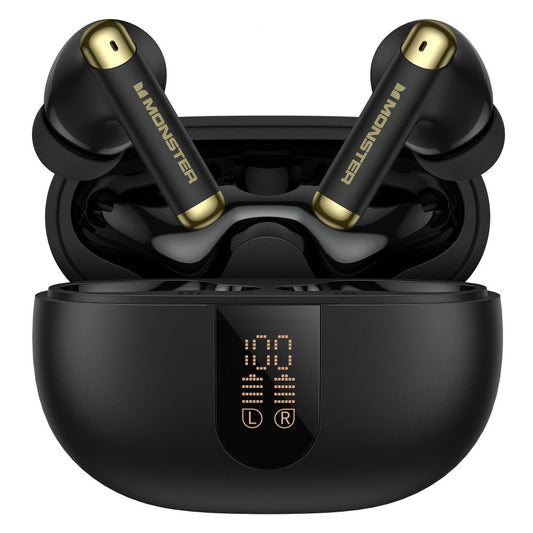 Wireless Earbuds Monster Sport Stereo with Noise-Cancelling Condenser Mic and LED Display in Black