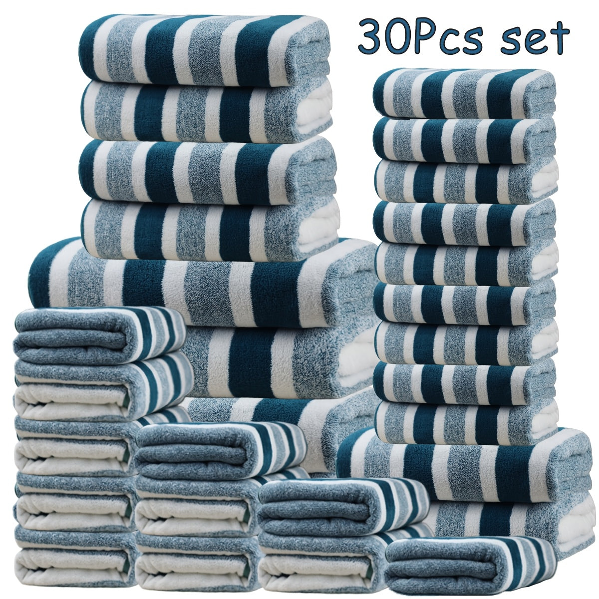 Thirty-Piece Striped Bath Towel Set with Bath, Hand and Washcloth Sizes in Ten Color Checkouts