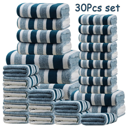 Thirty-Piece Striped Bath Towel Set with Bath, Hand and Washcloth Sizes in Ten Color Checkouts
