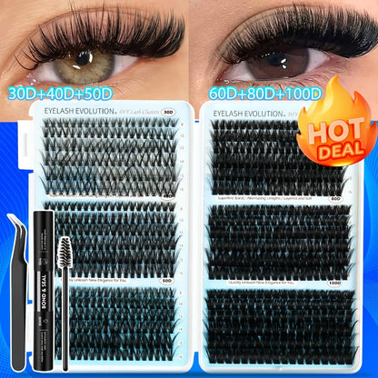 C-Curl Lash Extension Kit with 720 Clusters in 30D-100D Mixed Densities, Bond Product, Tweezers and Brush