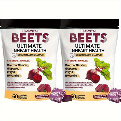 Beetroot Gummies with CoQ10, Grape Seed Extract & Multivitamins — Blood Pressure Support, Heart Health, Circulation & Antioxidant Defense, Chewable Beet Root Supplement for Women & Men, 60-120 Count