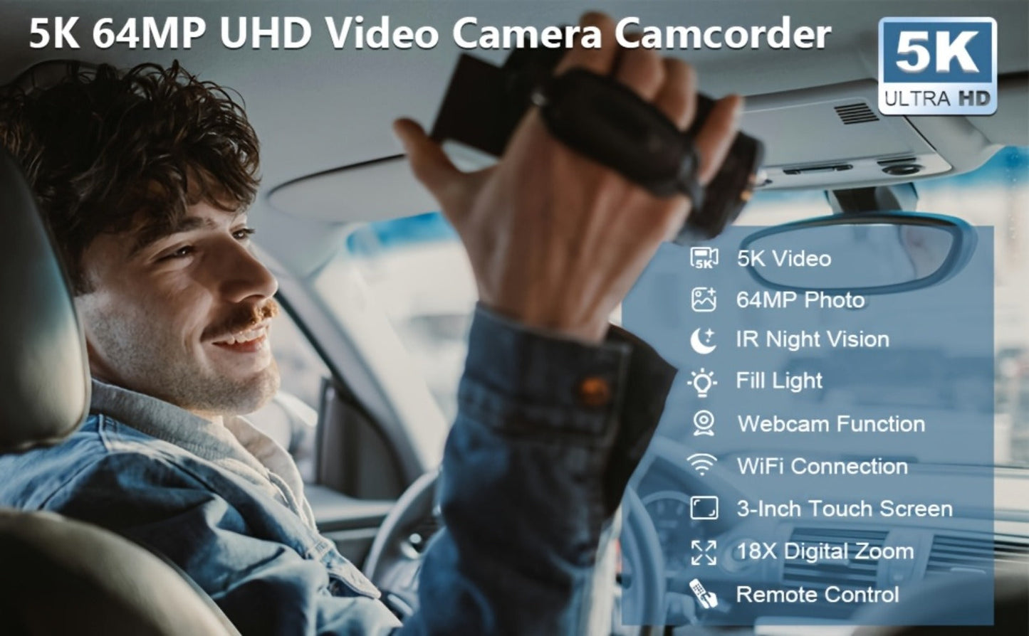 5K Vlogging Camera Camcorder 64MP WiFi for YouTube with IR Night Vision 18X Zoom 3 Inch Touch Screen Webcam External Microphone Remote Control 2 Batteries Loop Recording
