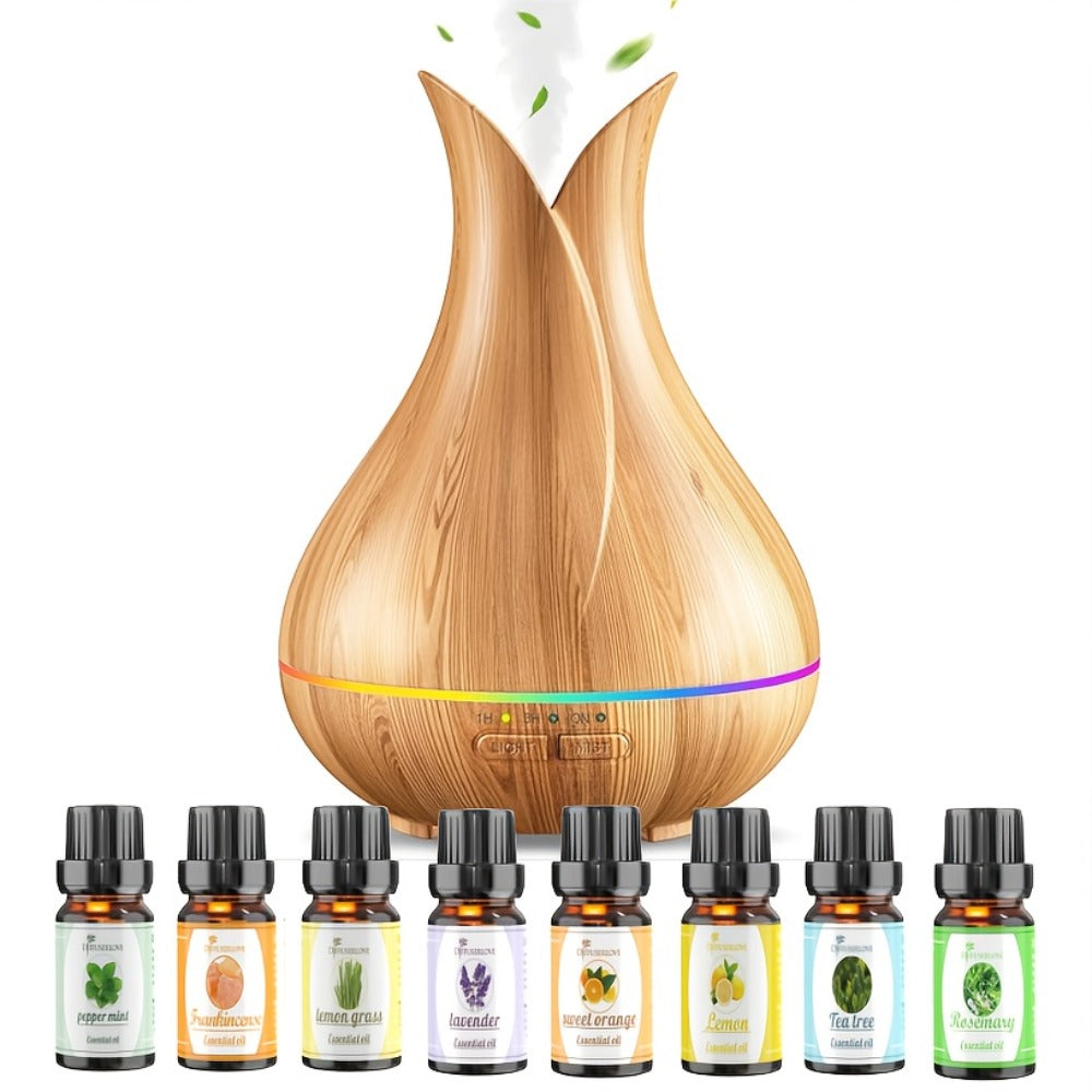 400ml Aroma Diffuser with Continuous or Intermittent Mist, Seven-Color Light, Three Timers, Remote and Eight Oils