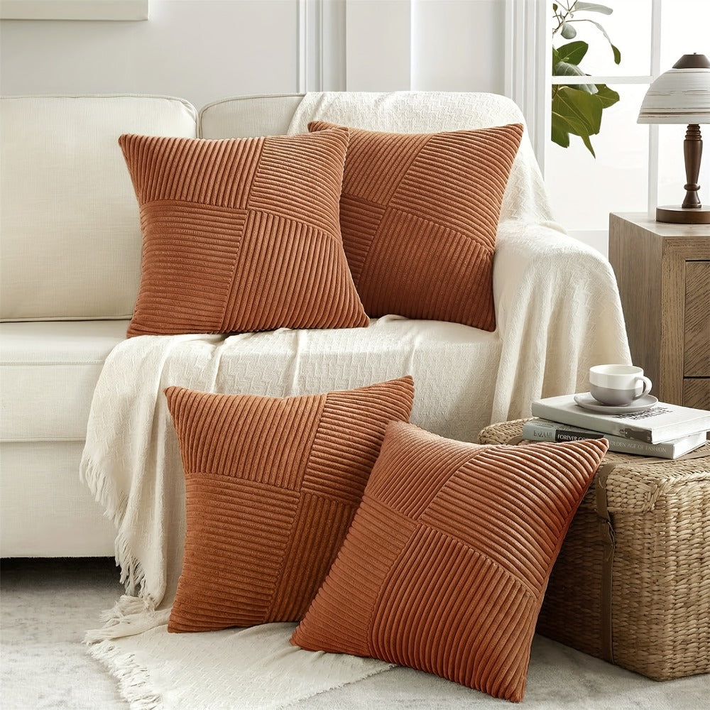 Four-Piece Corduroy Pillow Cover Set, 18 x 18 Inches with Striped, Panel and Pinwheel Textures