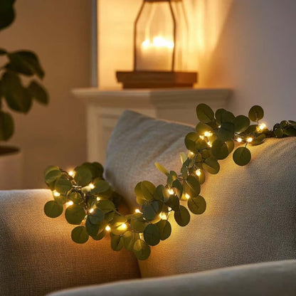 String Lights, Four-Piece Eucalyptus Leaf Wreath Set with 20 Warm LEDs per Strand and Battery Power