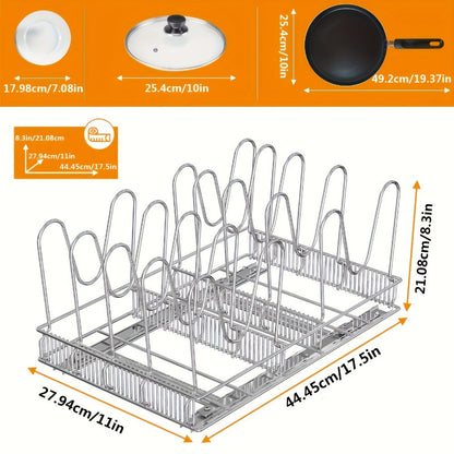 Cabinet Pot & Pan Organizer Rack with 10 Adjustable Dividers, 11"W x 17.5"D x 8.3"H, Chrome Steel Kitchen Storage