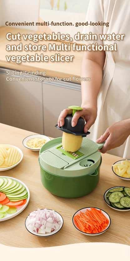 16-in-1 Green Vegetable Chopper with Round Container, Grid Dicing Plates, Slicer, Grater and Peeler Pieces