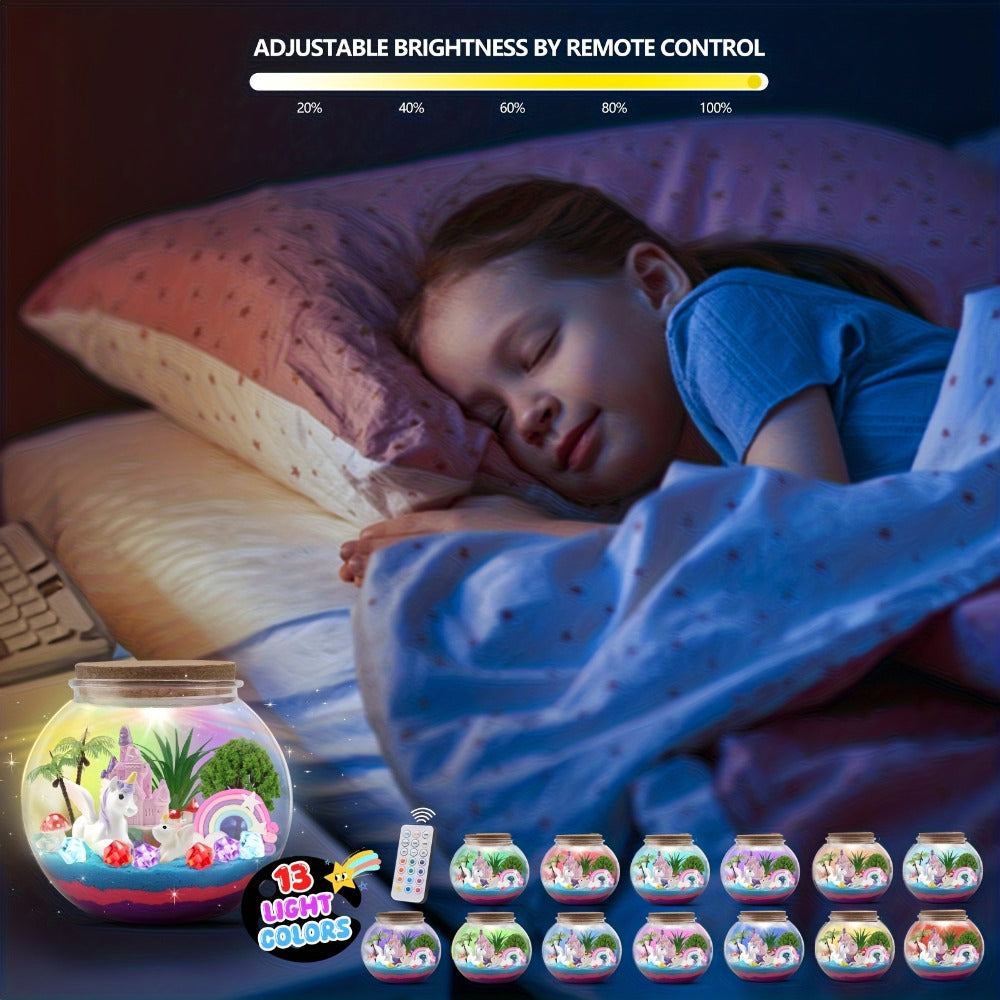 Unicorn Terrarium Craft Kit with Decorative Globe, Multicolor LED Light, Remote and Layered Sand Accessories