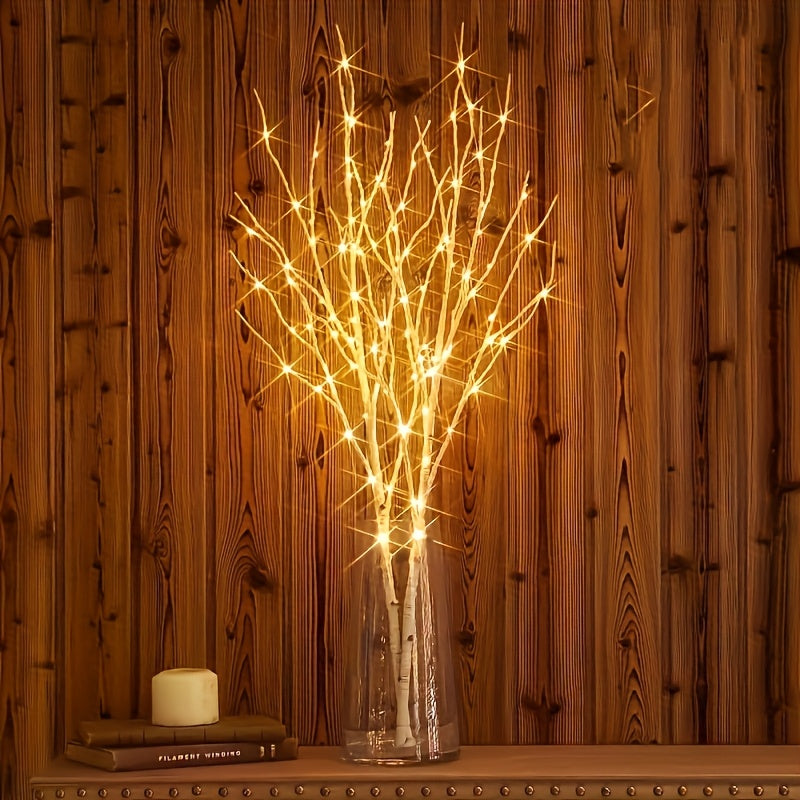 Birch Branch Lights Set of 2, Artificial Luminous Birch Tree Branches with Green Leaves & LED Fairy Lights — Battery Powered Indoor Decor for Christmas, New Year, Home & Reading Nook