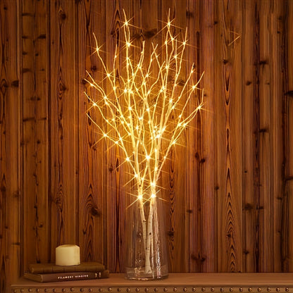 Birch Branch Lights Set of 2, Artificial Luminous Birch Tree Branches with Green Leaves & LED Fairy Lights — Battery Powered Indoor Decor for Christmas, New Year, Home & Reading Nook