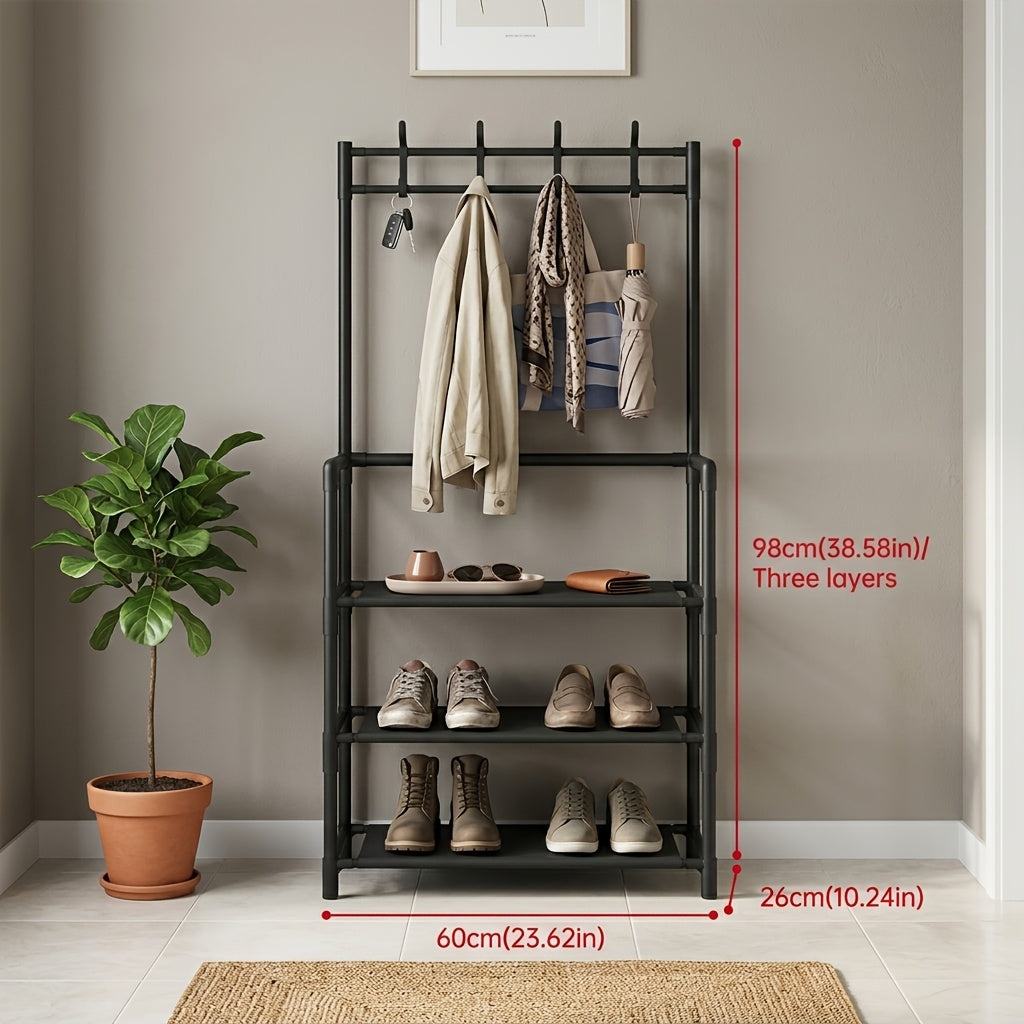 Shoe Rack Floor-Standing Organizer with 8 Double Hooks and 3-Layer or 5-Layer Black Options