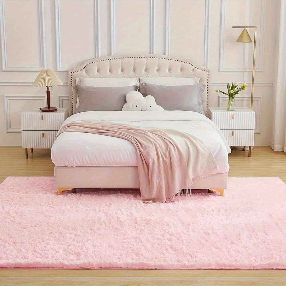 Area Rug Pink Soft Shaggy Design in Four Sizes with Placement Stickers for Bedroom or Dorm