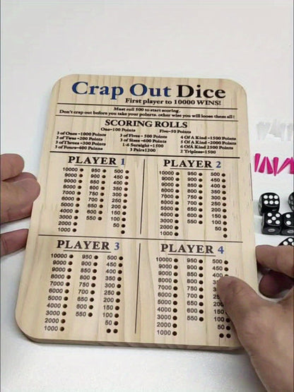 Two-Piece Wooden Dice Scoreboard Set with Six Dice, Twelve Pegs and Printed Four-Player Rules