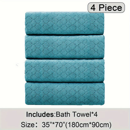 Oversized Bath Towel Set 4 Piece Diamond Pattern Microfiber - Ultra Soft Highly Absorbent Quick Dry | 10 Colors | Blue Green Black Gray Navy Orchid Brown Purple White Turquoise | Bathroom Hotel Gym Gift