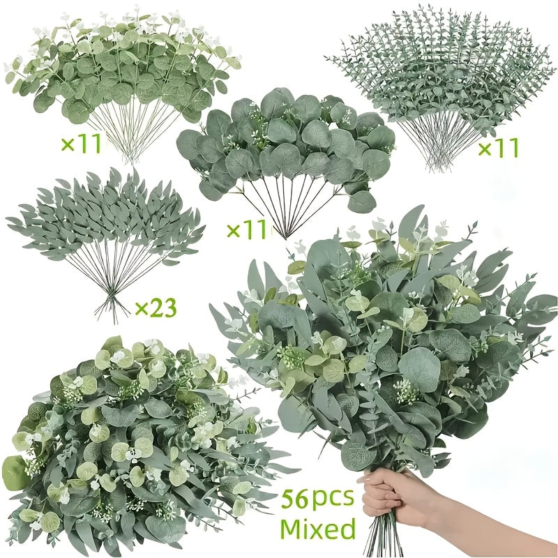 Artificial Flowers Eucalyptus Stem Set in 50 or 56 Pieces with Four Leaf Varieties and White Accents