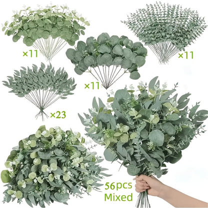 Artificial Flowers Eucalyptus Stem Set in 50 or 56 Pieces with Four Leaf Varieties and White Accents