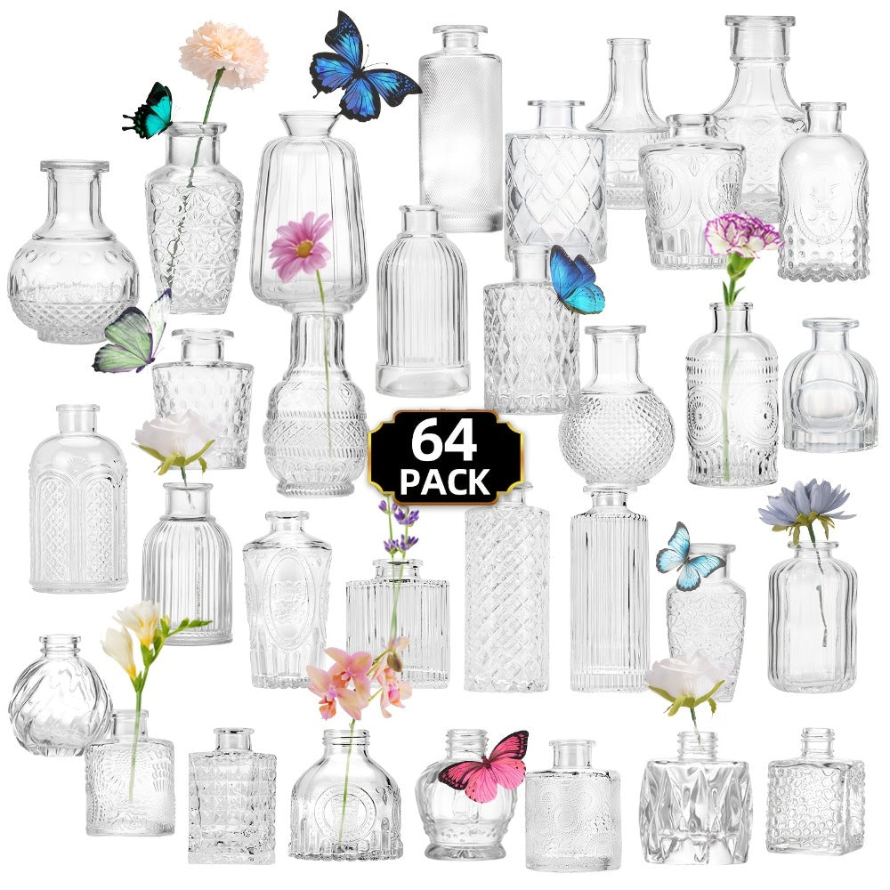 64-Piece Clear Glass Bud Vase Set in Mixed Small Shapes and Sizes for Wedding Tables and Home Displays