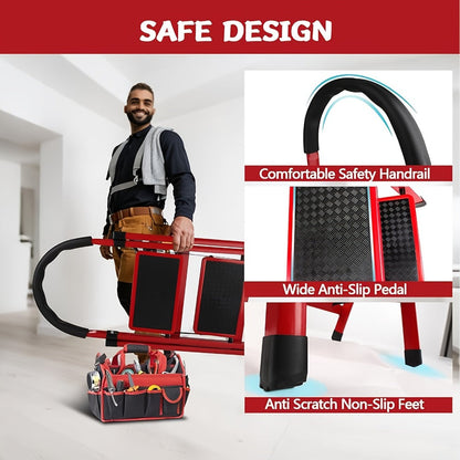 Red Five-Step Folding Ladder, 55.1 Inches Open with Padded Handrail, Side Tool Holder and Ribbed Treads