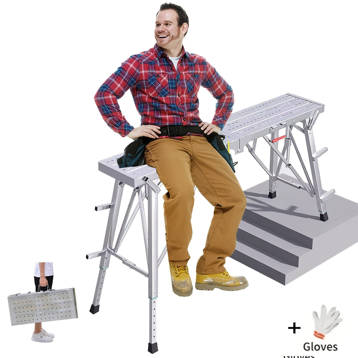 Adjustable Folding Scaffolding Work Platform, Portable Drywall Bench Step Ladder with Anti-Slip Feet & Safety Lock