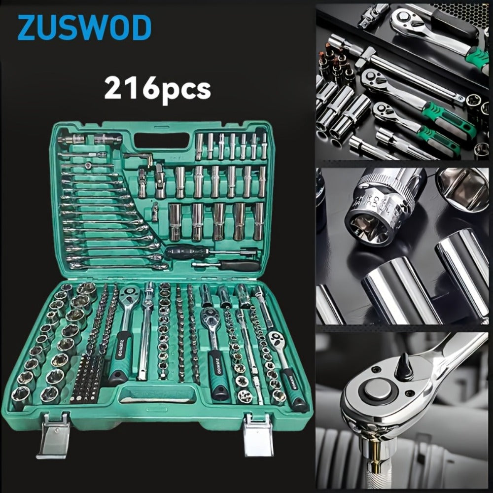 216-Piece Professional Socket Set 1/4" 3/8" 1/2" Drive - S2 & CR-V Steel Ratchet Wrench Kit with Deep & Standard Sockets for Auto Repair Automotive Mechanic