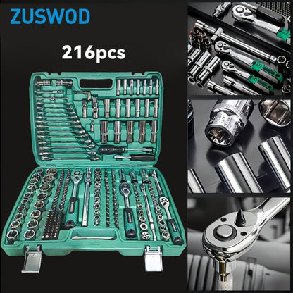 216-Piece Professional Socket Set 1/4" 3/8" 1/2" Drive - S2 & CR-V Steel Ratchet Wrench Kit with Deep & Standard Sockets for Auto Repair Automotive Mechanic
