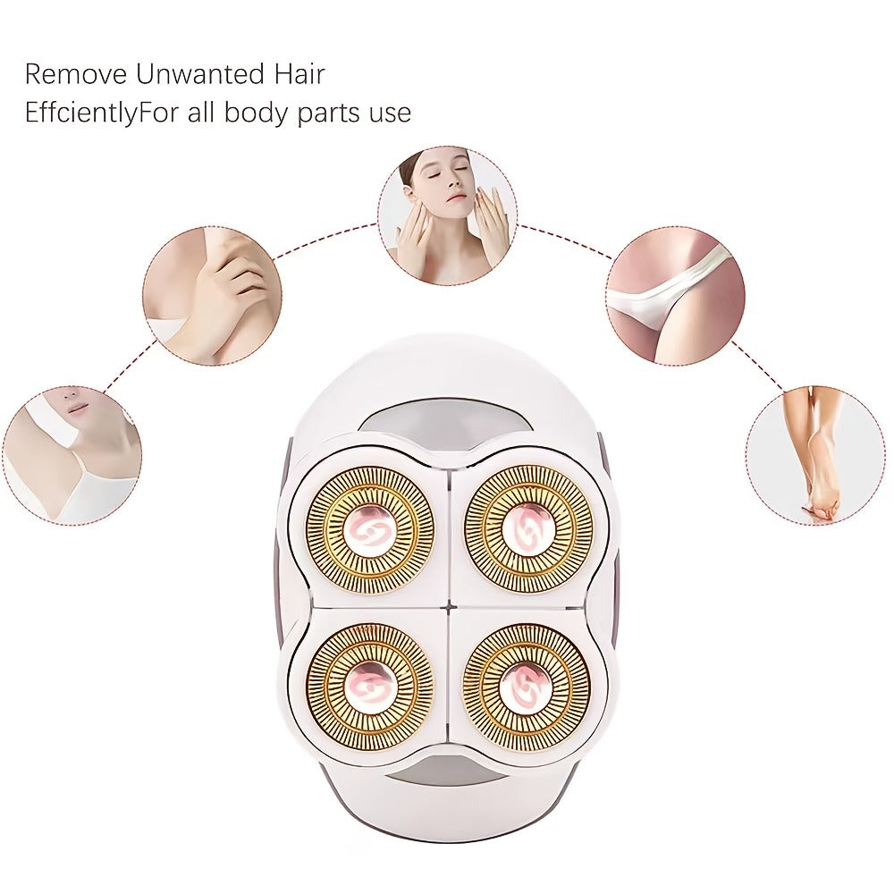 Women's Electric Shaver Full Body Hair Removal 4-Head 360° Rotating Wet Dry USB Rechargeable for Face Bikini Legs Arms Chest Underarms Travel-Friendly with Clipper Attachments
