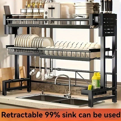 Expandable Over-Sink Dish Drying Rack with Single- or Double-Layer Black Frame and Adjustable Width