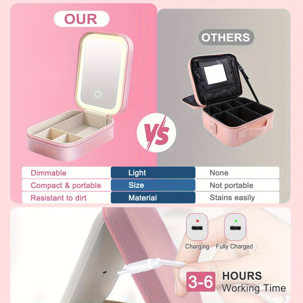Lighted Makeup Mirror with Travel Case Cosmetic Organizer 3-Color LED Light 1200mAh Rechargeable Portable Vanity Mirror Adjustable Brightness for Women Gift Birthday Christmas