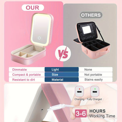 Lighted Makeup Mirror with Travel Case Cosmetic Organizer 3-Color LED Light 1200mAh Rechargeable Portable Vanity Mirror Adjustable Brightness for Women Gift Birthday Christmas