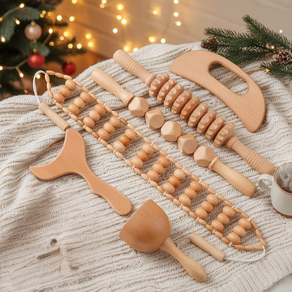 Wooden Manual Massage Tool Set, Six-Piece Roller and Scraping Kit with Textured Heads for Face, Neck and Body