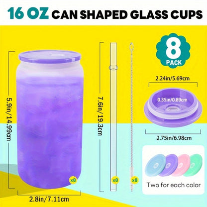 Frosted Sublimation Glass Tumblers 16oz Borosilicate Can Cups with Acrylic Lids – Set of 8 or 12 for Juice, Soda & Iced Coffee