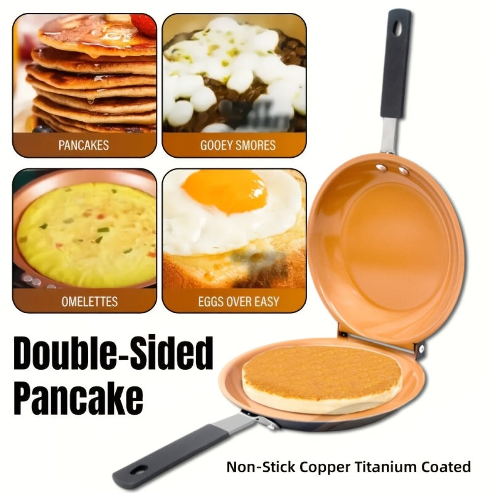 Double-Sided Omelette Pan Cookware with 7.09in Round Wells, Reversible Hinge and Golden Finish