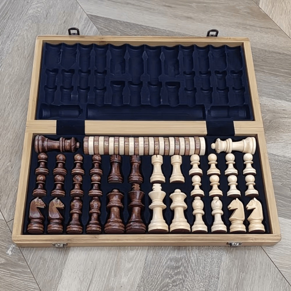 Folding Wooden-Style Chess and Checkers Set with 33 Chess Pieces and Internal Storage for Adult Tabletop Play