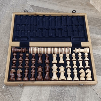 Folding Wooden-Style Chess and Checkers Set with 33 Chess Pieces and Internal Storage for Adult Tabletop Play