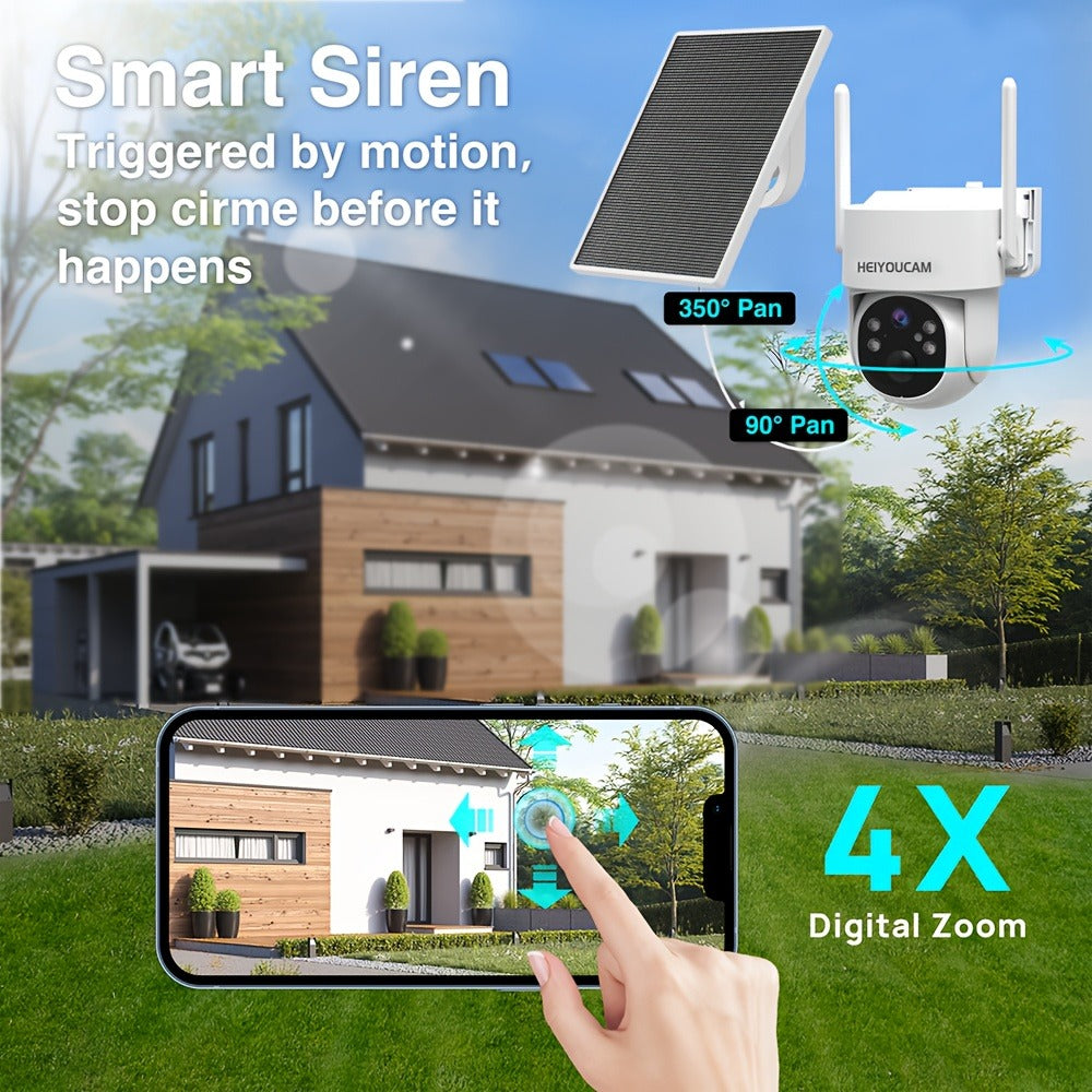 Solar PTZ Security Camera Outdoor 4K Wireless – 360° Pan Tilt Zoom, PIR Motion Detection Alarm, Full Color Night Vision, Two-Way Audio, SD & Cloud Storage, Easy Install WiFi Camera
