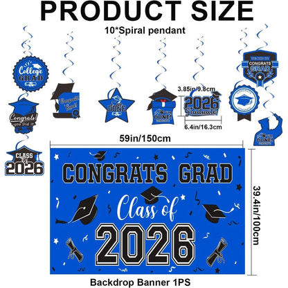 Party Decorations Class of 2026 Graduation Set with Backdrop, Banner, Swirls and Table Pieces in Five Colors
