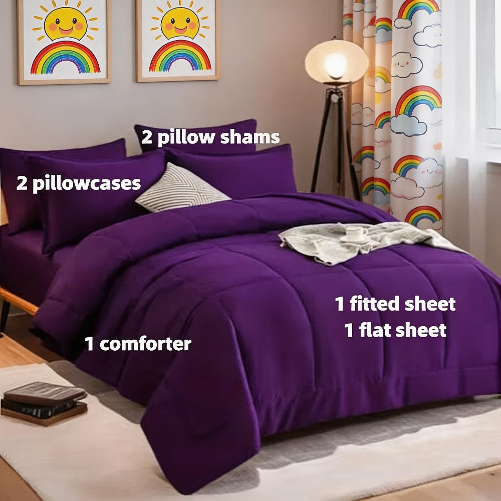 Seven-Piece Comforter Bed-in-a-Bag Set with Short-Plush Fabric, 12 Colors and Full, Queen or King Sizes