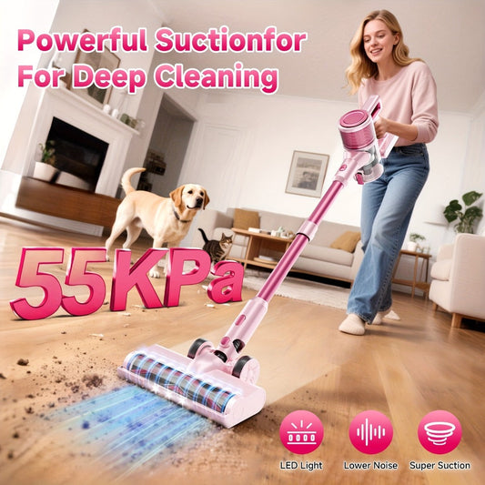 Cordless Vacuum Cleaner 55KPa 8-in-1 Stick Vacuum with LED Light 180° Swivel Lightweight Wireless for Hardwood Carpet Pet Hair Stairs Car Sofa Home Office