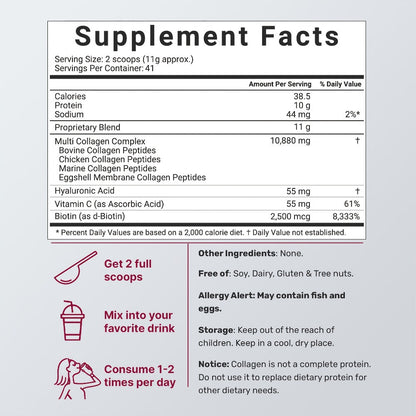 Dietary Supplement Multi-Collagen Powder with Types I, II, III, V and X, Biotin and Vitamin C, 2-Pack