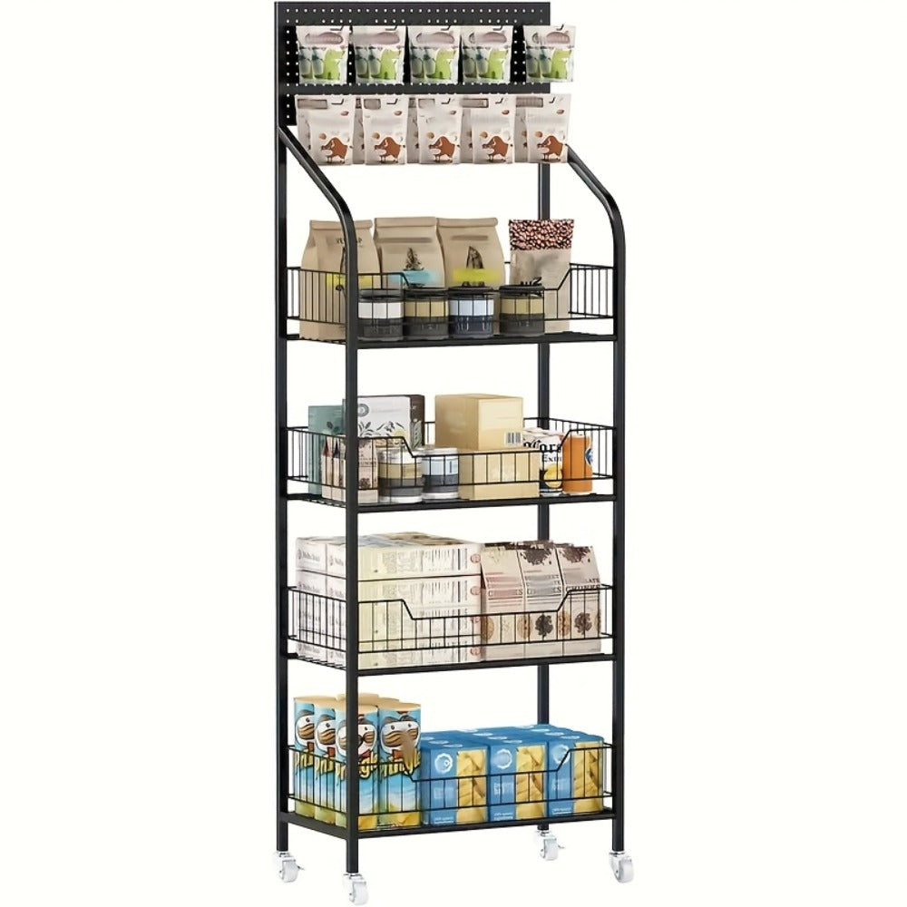 Four-Tier Rolling Display Rack with Wire Basket Shelves, Top Sign Panel and Exact 55 by 24 by 11 Option