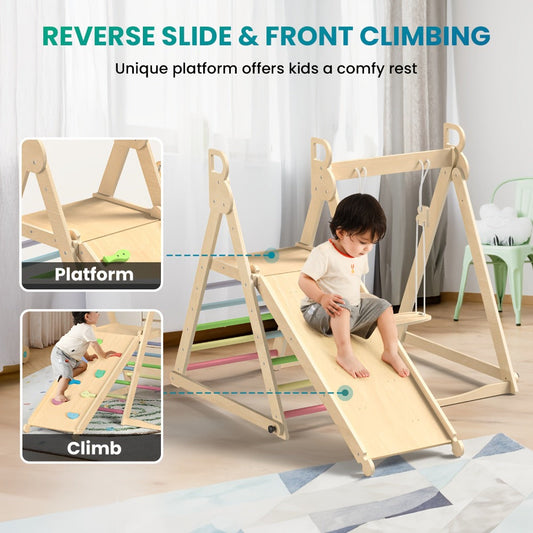 Foldable Indoor Wooden Jungle Gym for Toddlers, 4-in-1 Climbing Frame with Swing, Slide & Ladder