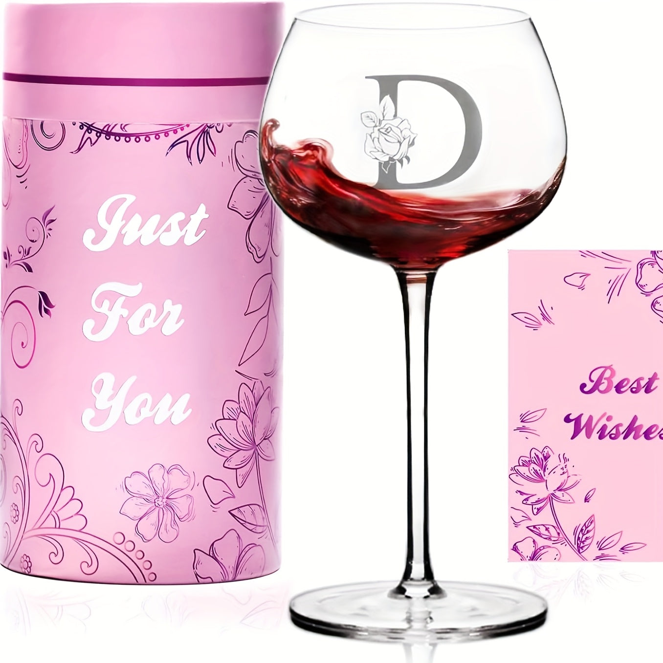 Initial Wine Glass Gift Set with 18 Checkout Letters, 14-Ounce Bowl, Presentation Box and Card