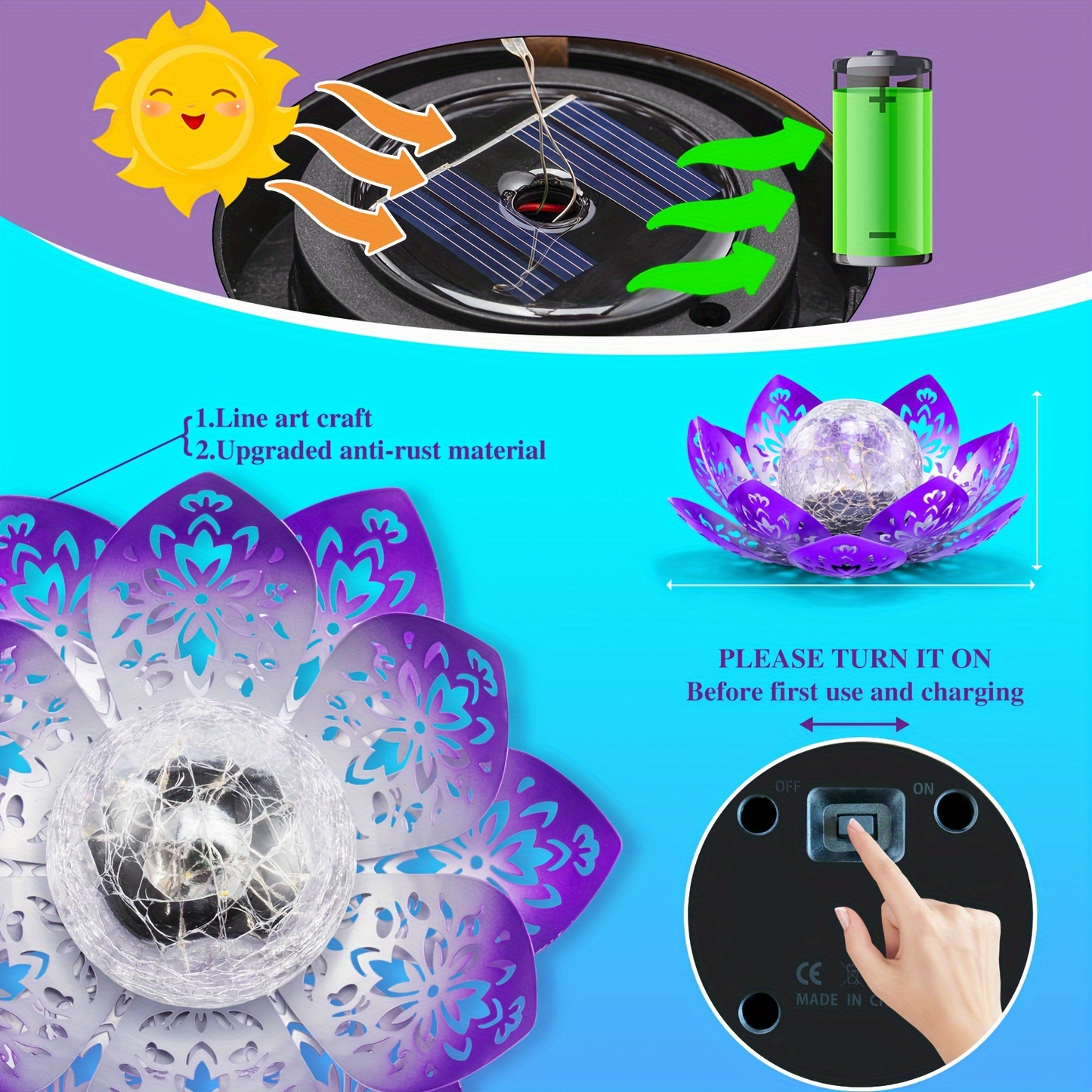 Solar Garden Light Lotus Flower with Cracked Glass Globe, IPX4 Rating and Three Color Options