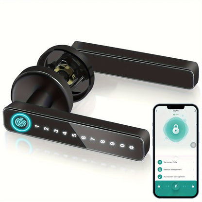 5-in-1 Smart Door Lock Handle with Fingerprint, App, Passcode, IC Card & Key - Anti-Peep, Left & Right Hand Compatible, Keyless Entry for Home, Office & Apartment, 2 IC Cards & 2 Keys Included