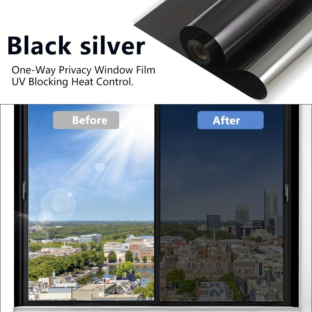 One Way Privacy Window Film Static Cling No Glue - Heat Control Anti-Glare Sun Blocking Reflective Mirror Tint for Home Office Hotel, Nano Ceramic 5Mil PVC, Easy Install Removable Window Privacy Film