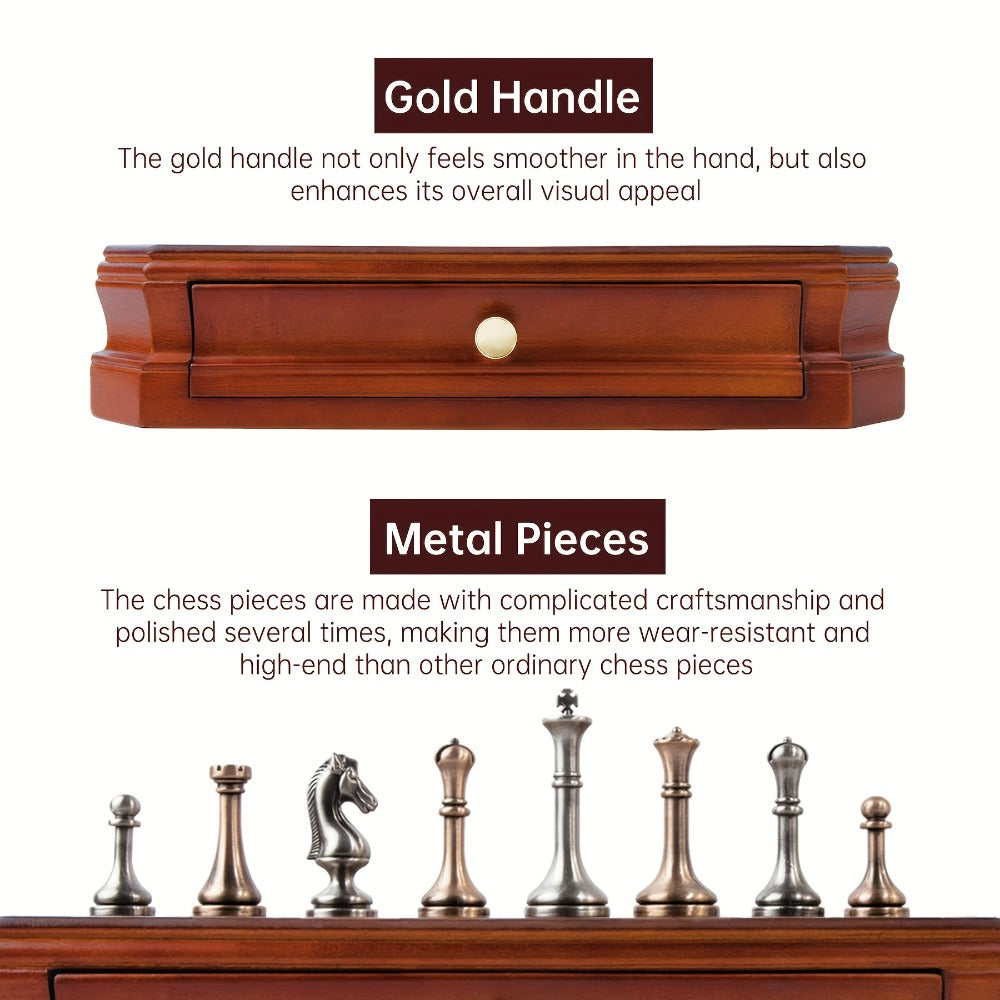 12-Inch Wooden-Style Chess Set with Metal-Finish Pieces, Two Storage Drawers and Two Extra Queens for Adults