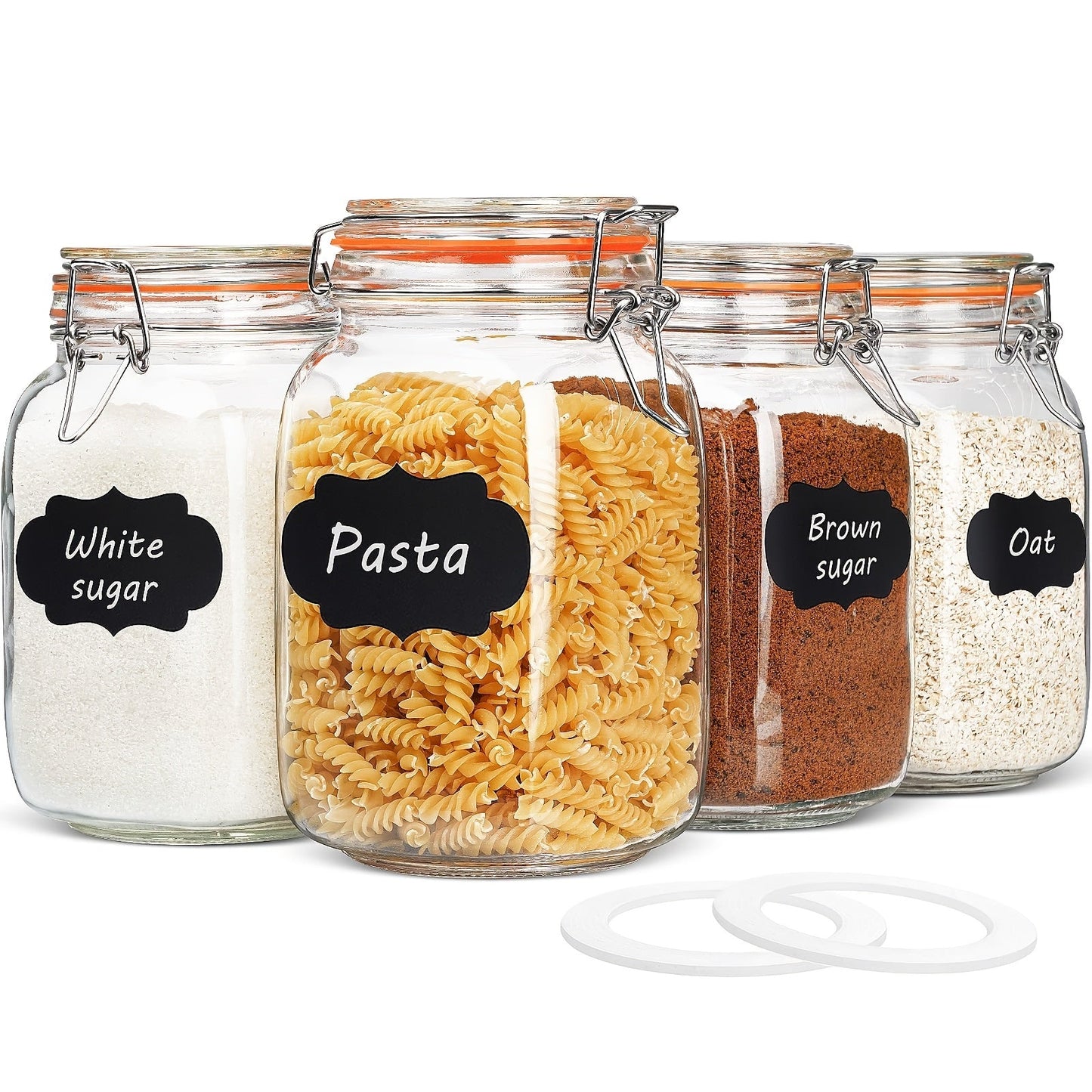 Four-Pack 50 fl oz Glass Storage Jars with Clamp Lids, Orange Gasket Rings, Four Labels and Two Spare Gaskets