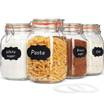 Four-Pack 50 fl oz Glass Storage Jars with Clamp Lids, Orange Gasket Rings, Four Labels and Two Spare Gaskets